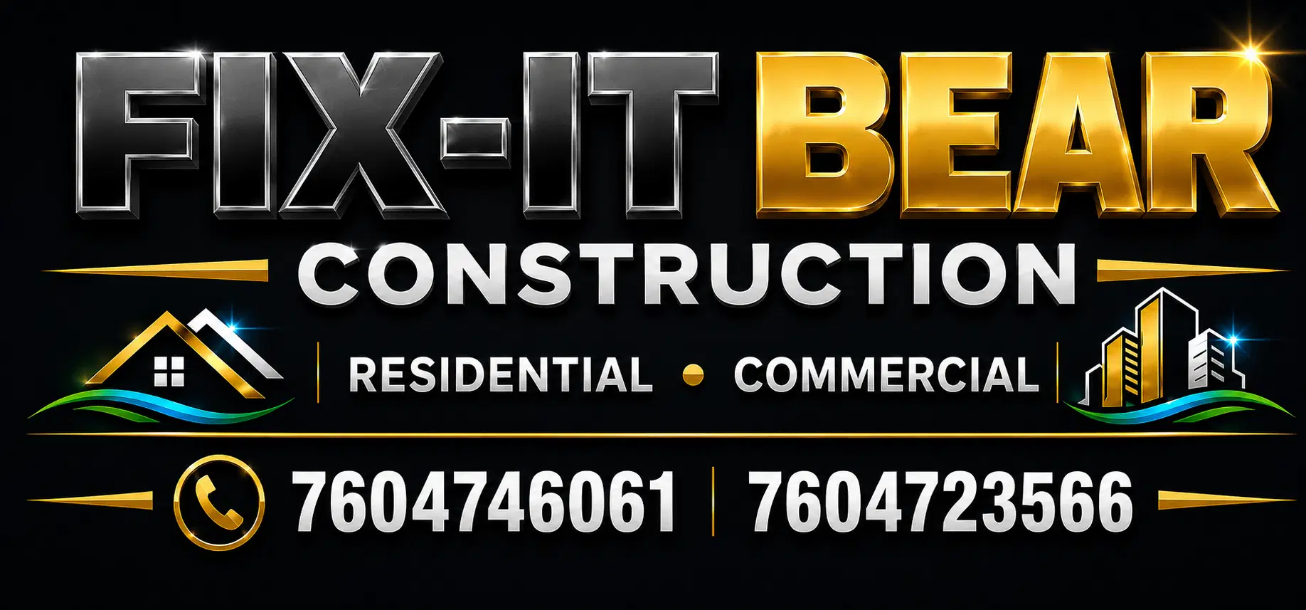 Fix-It Bear Construction artwork with service details and phone numbers
