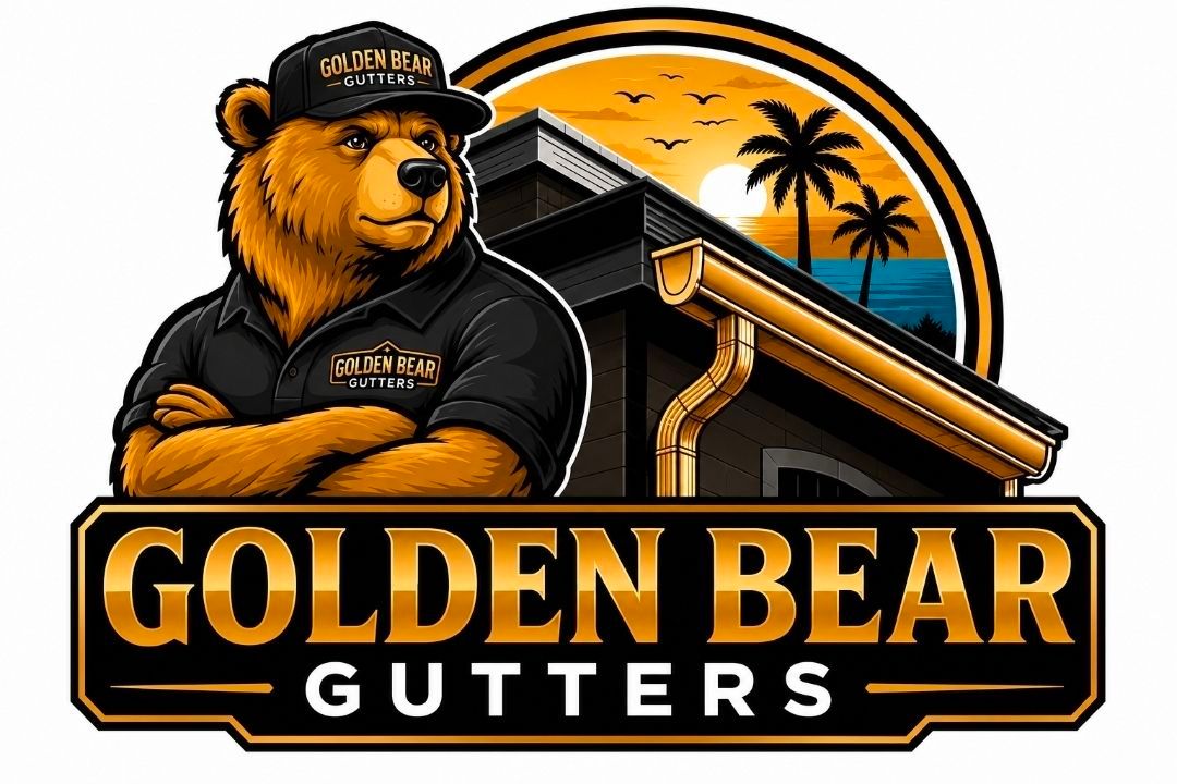 Golden Bear Gutters logo with a bear, a house with gutters, and a sunset